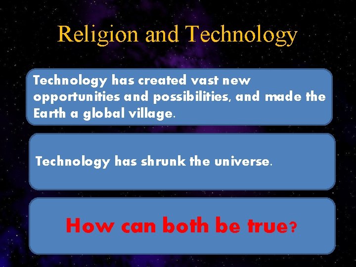 Religion and Technology has created vast new opportunities and possibilities, and made the Earth