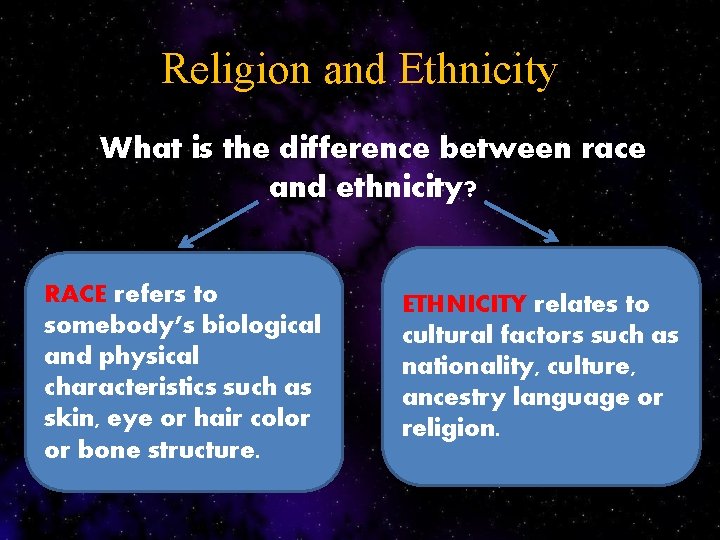 Religion and Ethnicity What is the difference between race and ethnicity? RACE refers to