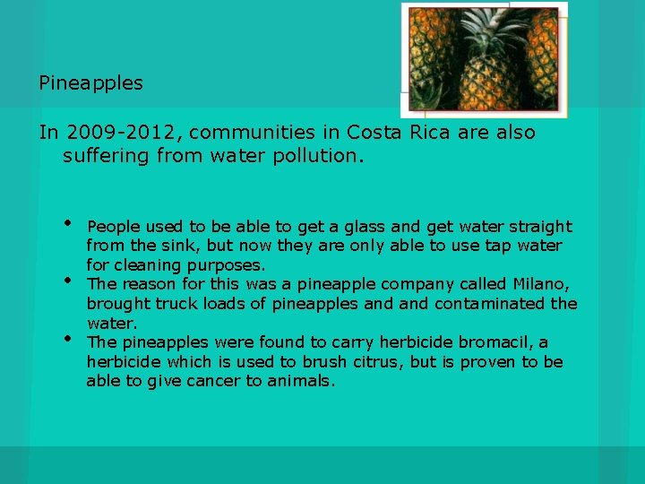 Pineapples In 2009 -2012, communities in Costa Rica are also suffering from water pollution.