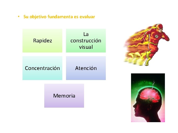  • Su objetivo fundamenta es evaluar Rapidez La construcción visual Concentración Atención Memoria