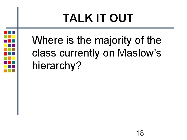 TALK IT OUT Where is the majority of the class currently on Maslow’s hierarchy? TALK IT OUT Where is the majority of the class currently on Maslow’s hierarchy?