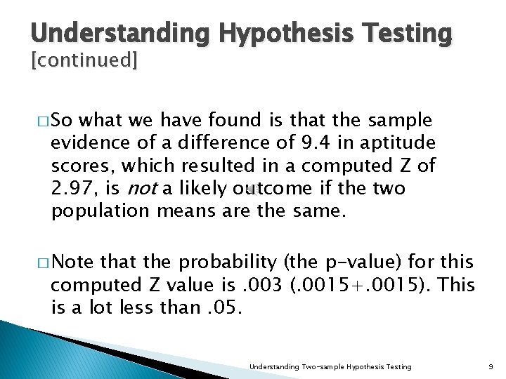 Understanding Hypothesis Testing [continued] � So what we have found is that the sample