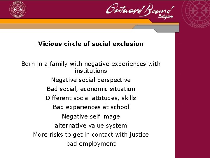 Vicious circle of social exclusion Born in a family with negative experiences with institutions