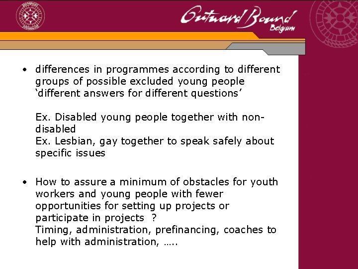  • differences in programmes according to different groups of possible excluded young people