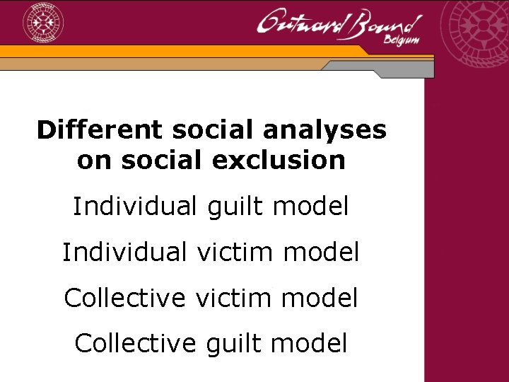 Different social analyses on social exclusion Individual guilt model Individual victim model Collective guilt