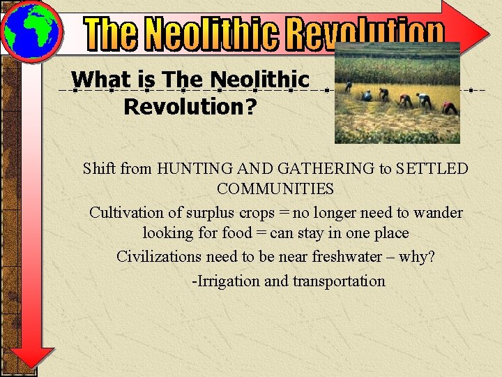 What is The Neolithic Revolution? Shift from HUNTING AND GATHERING to SETTLED COMMUNITIES Cultivation What is The Neolithic Revolution? Shift from HUNTING AND GATHERING to SETTLED COMMUNITIES Cultivation