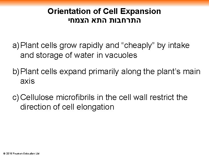 Orientation of Cell Expansion התרחבות התא הצמחי a) Plant cells grow rapidly and “cheaply”