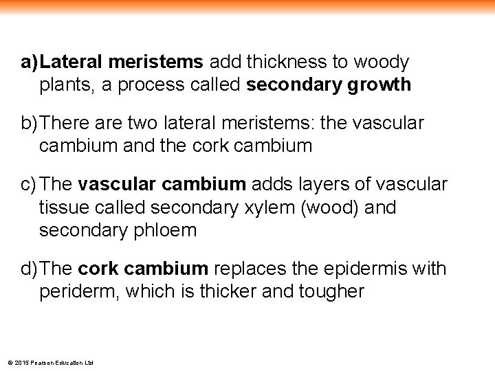 a) Lateral meristems add thickness to woody plants, a process called secondary growth b)