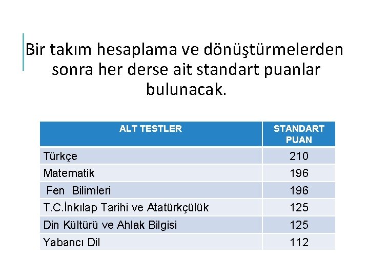 Bir takım hesaplama ve dönüştürmelerden sonra her derse ait standart puanlar bulunacak. ALT TESTLER