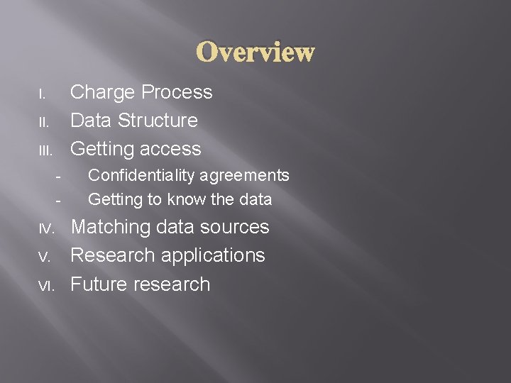 Overview Charge Process Data Structure Getting access I. III. IV. V. VI. Confidentiality agreements