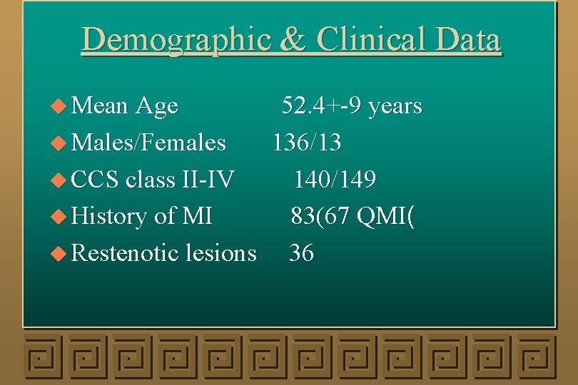 Demographic & Clinical Data u Mean Age 52. 4+-9 years u Males/Females 136/13 u