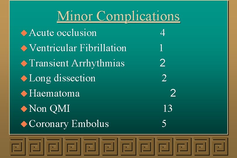 Minor Complications u Acute occlusion u Ventricular Fibrillation u Transient Arrhythmias u Long dissection