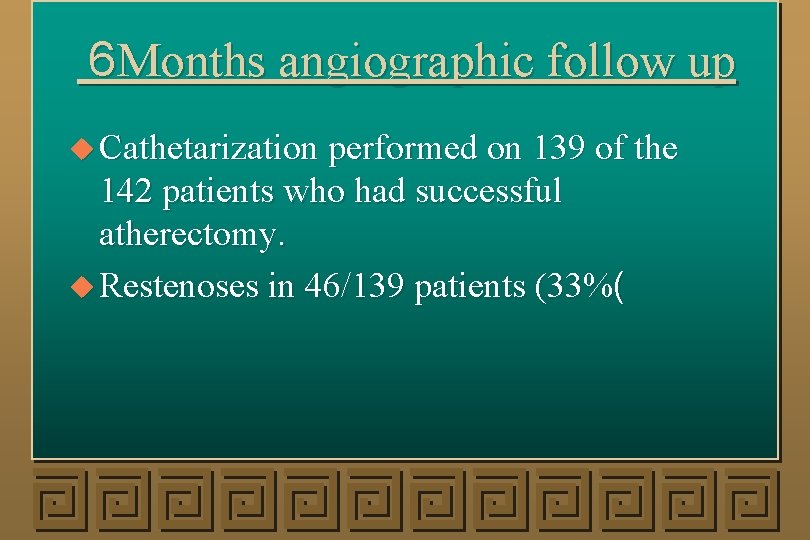 6 Months angiographic follow up u Cathetarization performed on 139 of the 142 patients