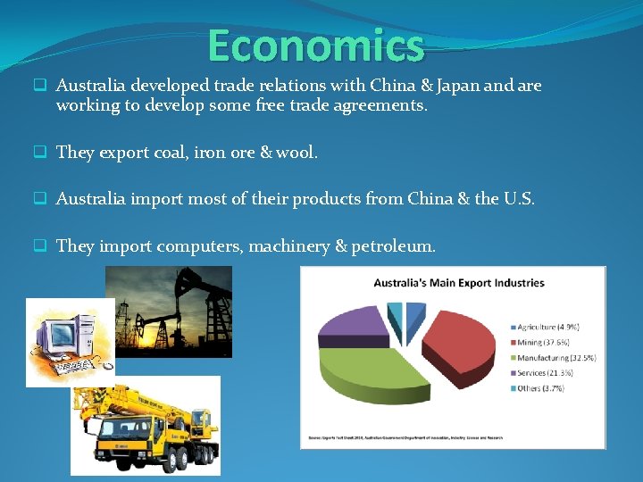 Economics q Australia developed trade relations with China & Japan and are working to