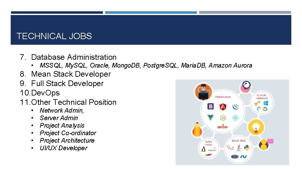 TECHNICAL JOBS 7. Database Administration • MSSQL, My. SQL, Oracle, Mongo. DB, Postgre. SQL,