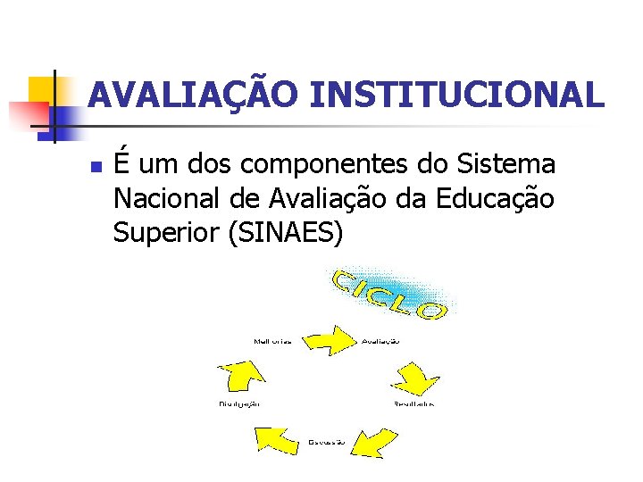 AVALIAÇÃO INSTITUCIONAL n É um dos componentes do Sistema Nacional de Avaliação da Educação
