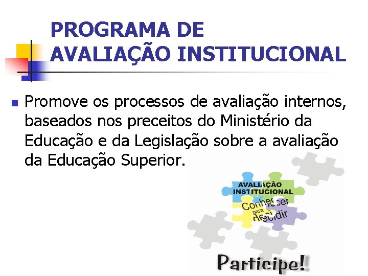 PROGRAMA DE AVALIAÇÃO INSTITUCIONAL n Promove os processos de avaliação internos, baseados nos preceitos