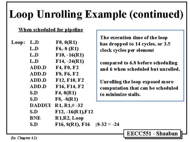 Loop Unrolling Example (continued) When scheduled for pipeline Loop: L. D ADD. D S.
