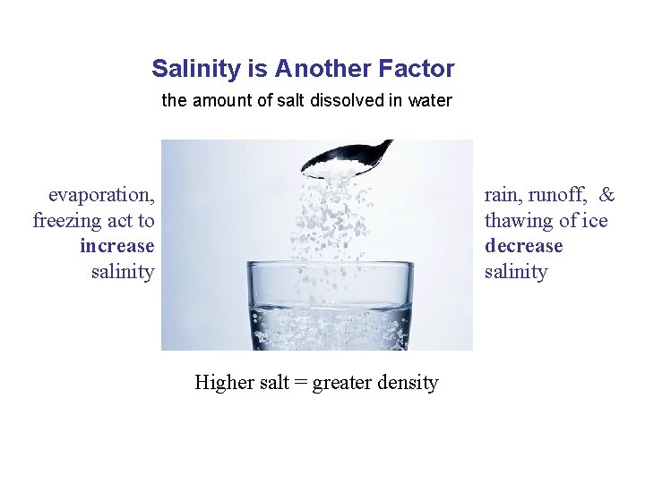 Salinity is Another Factor the amount of salt dissolved in water evaporation, freezing act