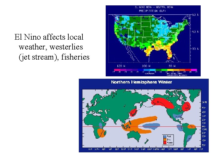 El Nino affects local weather, westerlies (jet stream), fisheries 