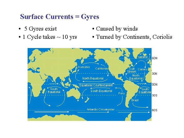 Surface Currents = Gyres • 5 Gyres exist • 1 Cycle takes ~ 10