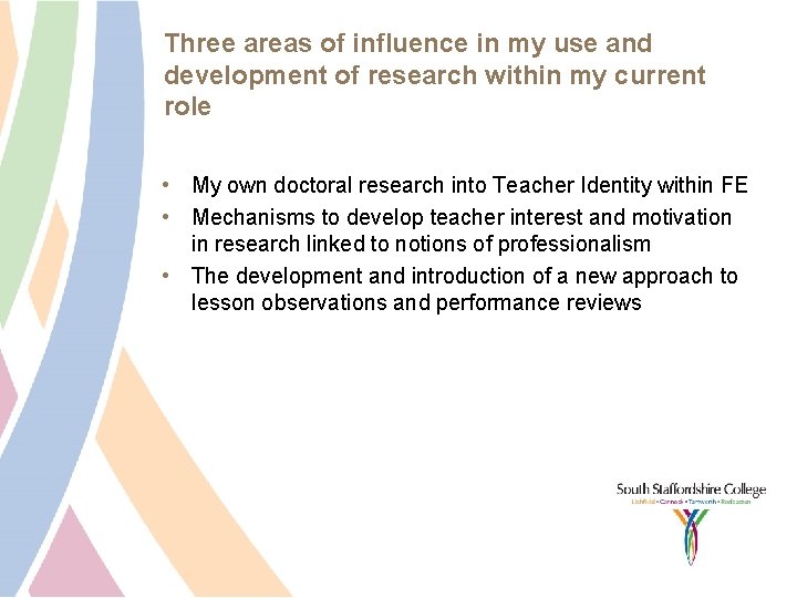 Three areas of influence in my use and development of research within my current