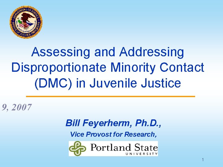 Assessing and Addressing Disproportionate Minority Contact (DMC) in Juvenile Justice 9, 2007 Bill Feyerherm,