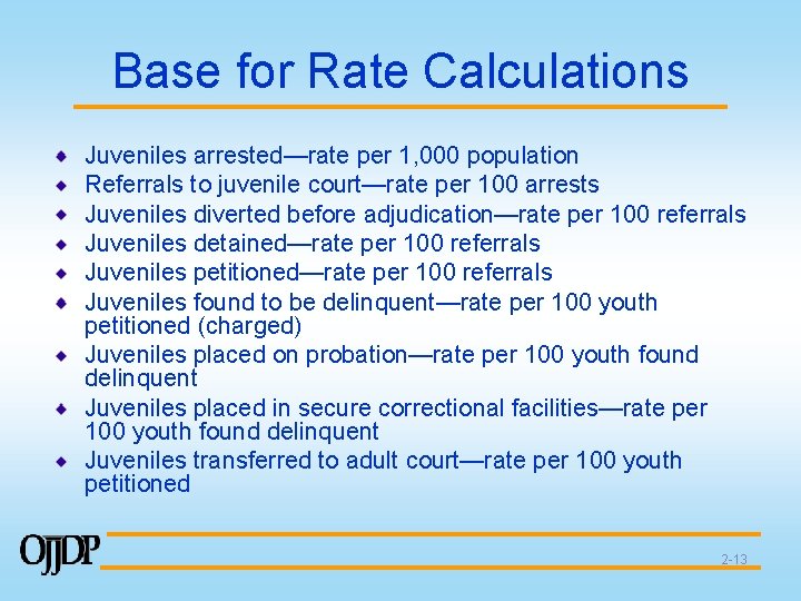 Base for Rate Calculations Juveniles arrested—rate per 1, 000 population Referrals to juvenile court—rate