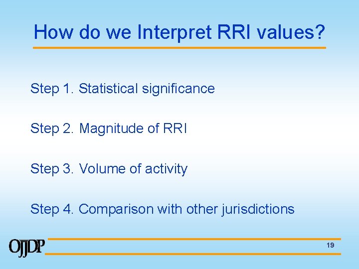 How do we Interpret RRI values? Step 1. Statistical significance Step 2. Magnitude of