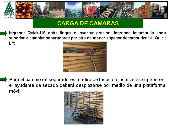 CARGA DE CAMARAS Ingresar Quick-Lift entre lingas e inyectar presión, logrando levantar la linga