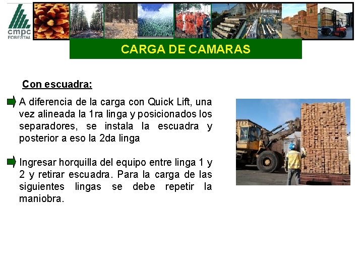 CARGA DE CAMARAS Con escuadra: A diferencia de la carga con Quick Lift, una