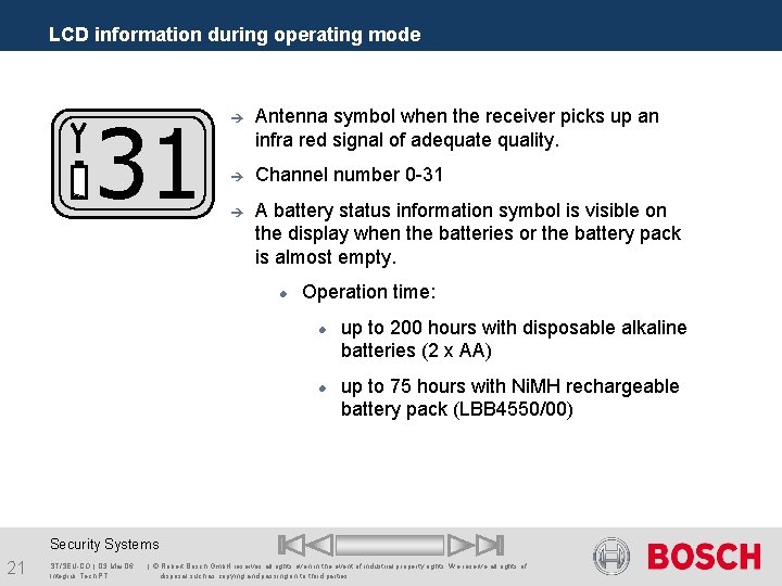 LCD information during operating mode 31 è Antenna symbol when the receiver picks up