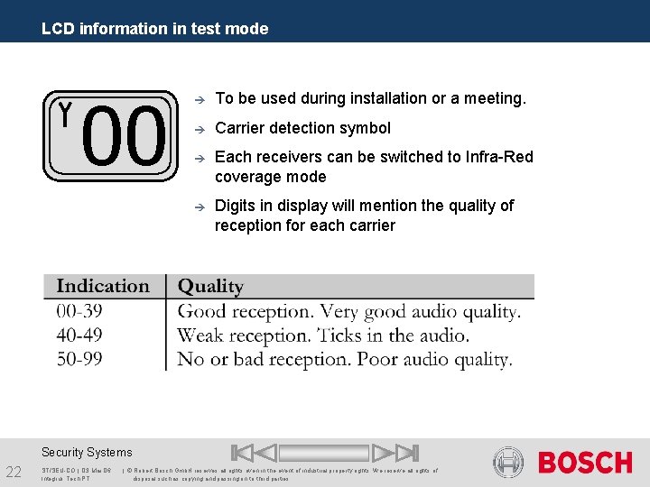 LCD information in test mode 00 è To be used during installation or a