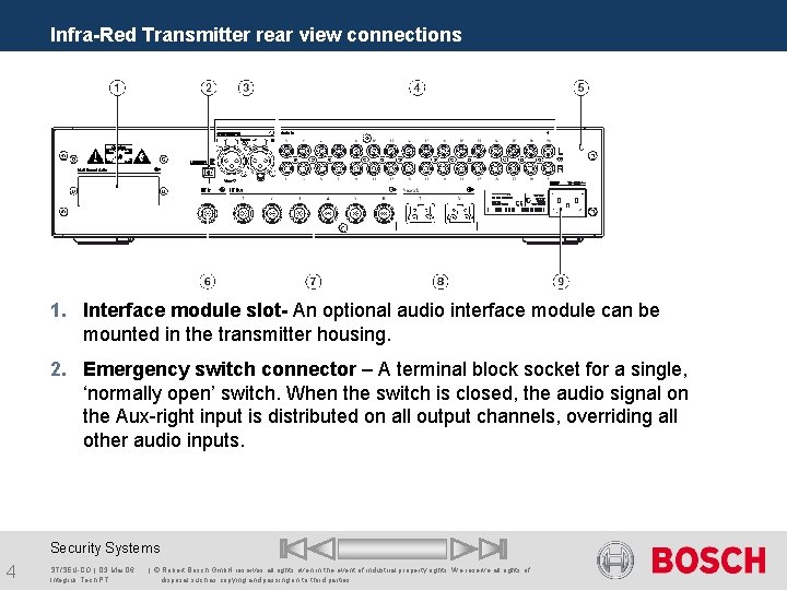 Infra-Red Transmitter rear view connections 1. Interface module slot- An optional audio interface module