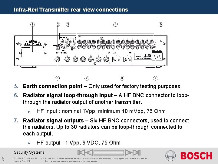 Infra-Red Transmitter rear view connections 5. Earth connection point – Only used for factory