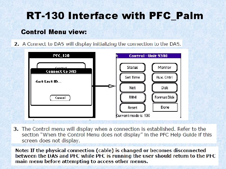 RT-130 Interface with PFC_Palm Control Menu view: 