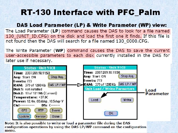 RT-130 Interface with PFC_Palm DAS Load Parameter (LP) & Write Parameter (WP) view: 