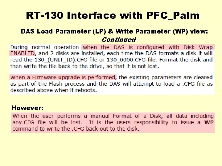 RT-130 Interface with PFC_Palm DAS Load Parameter (LP) & Write Parameter (WP) view: Continued