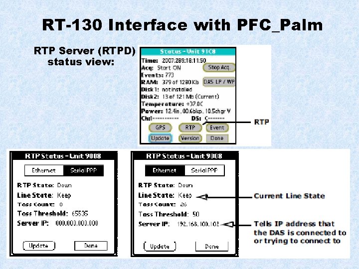 RT-130 Interface with PFC_Palm RTP Server (RTPD) status view: 