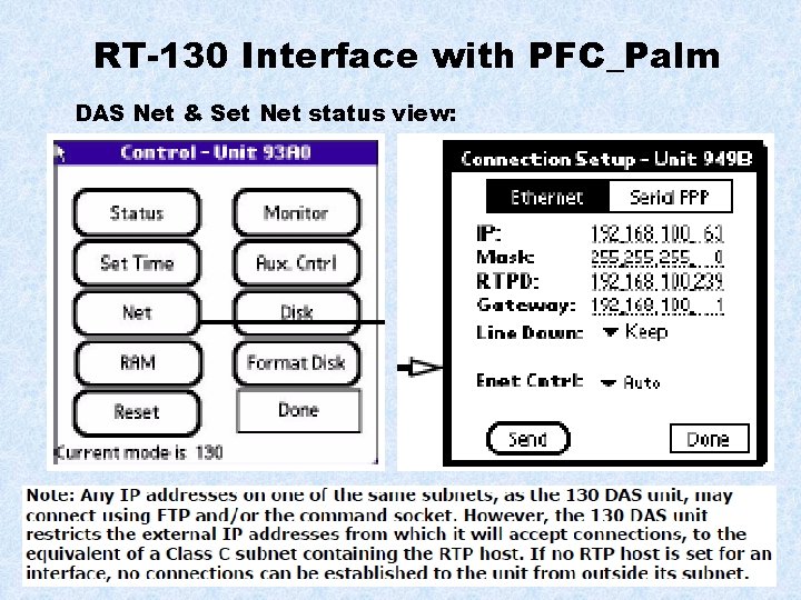 RT-130 Interface with PFC_Palm DAS Net & Set Net status view: 