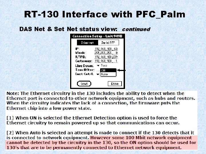 RT-130 Interface with PFC_Palm DAS Net & Set Net status view: continued 