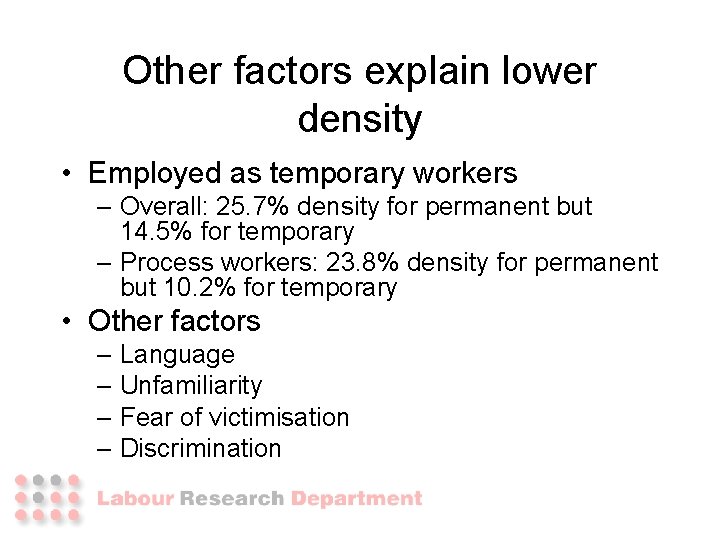 Other factors explain lower density • Employed as temporary workers – Overall: 25. 7% Other factors explain lower density • Employed as temporary workers – Overall: 25. 7%