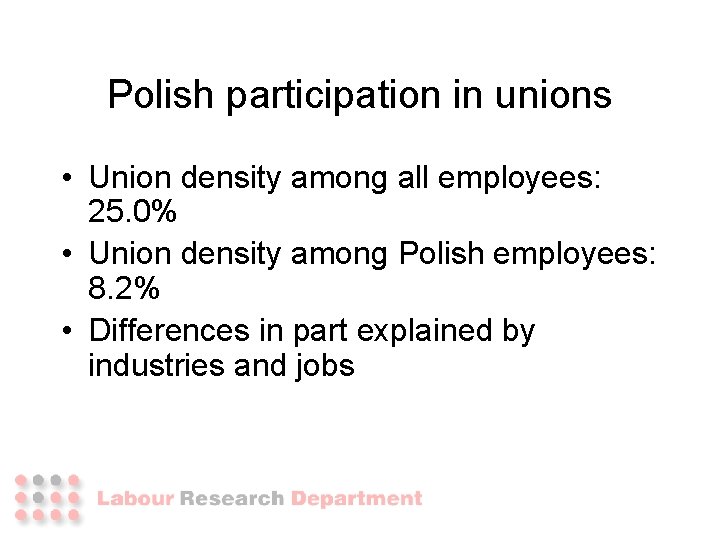 Polish participation in unions • Union density among all employees: 25. 0% • Union Polish participation in unions • Union density among all employees: 25. 0% • Union