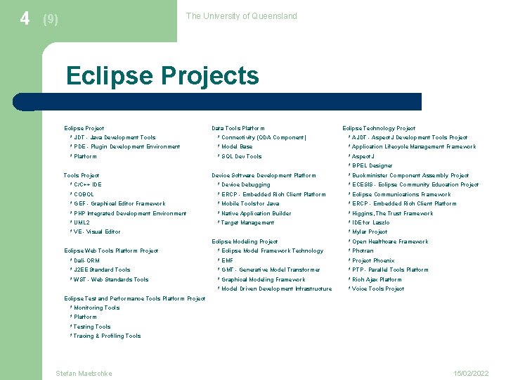 4 The University of Queensland (9) Eclipse Projects Eclipse Project Data Tools Platform Eclipse