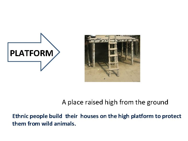 PLATFORM A place raised high from the ground Ethnic people build their houses on