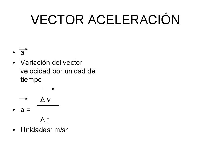 VECTOR ACELERACIÓN • a • Variación del vector velocidad por unidad de tiempo Δv