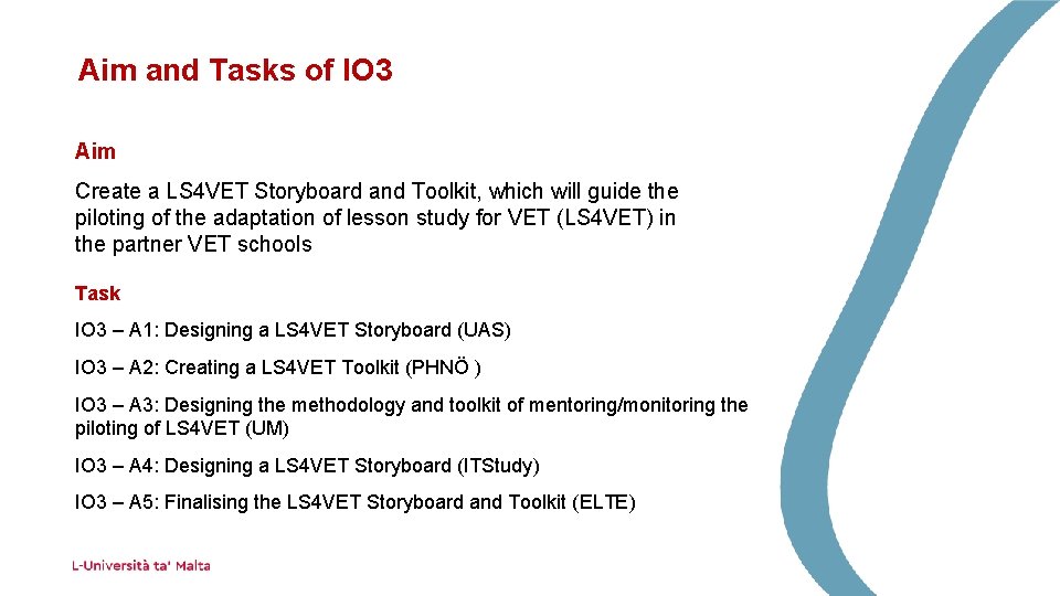 Aim and Tasks of IO 3 Aim Create a LS 4 VET Storyboard and