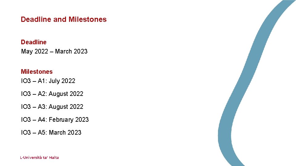 Deadline and Milestones Deadline May 2022 – March 2023 Milestones IO 3 – A