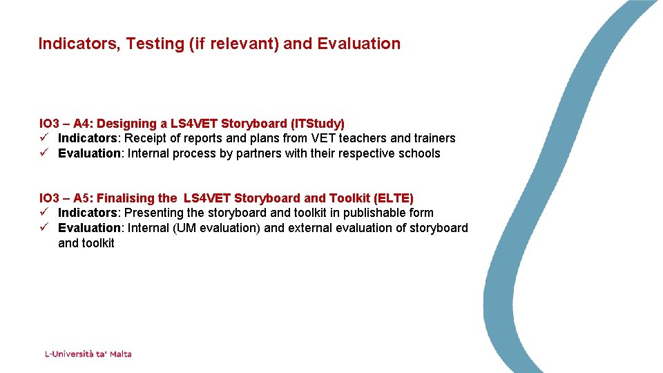 Indicators, Testing (if relevant) and Evaluation IO 3 – A 4: Designing a LS