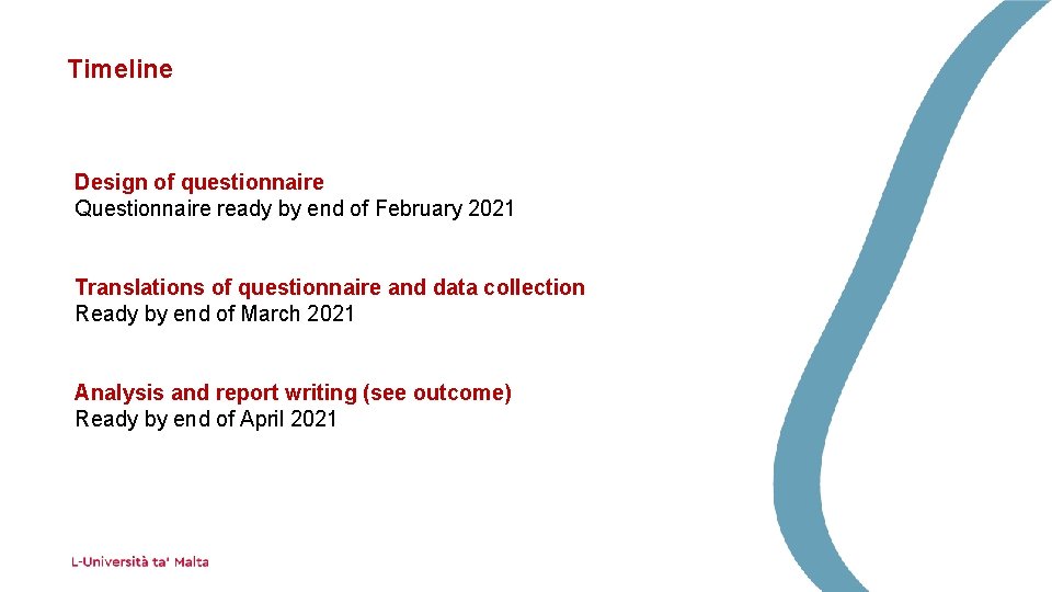 Timeline Design of questionnaire Questionnaire ready by end of February 2021 Translations of questionnaire